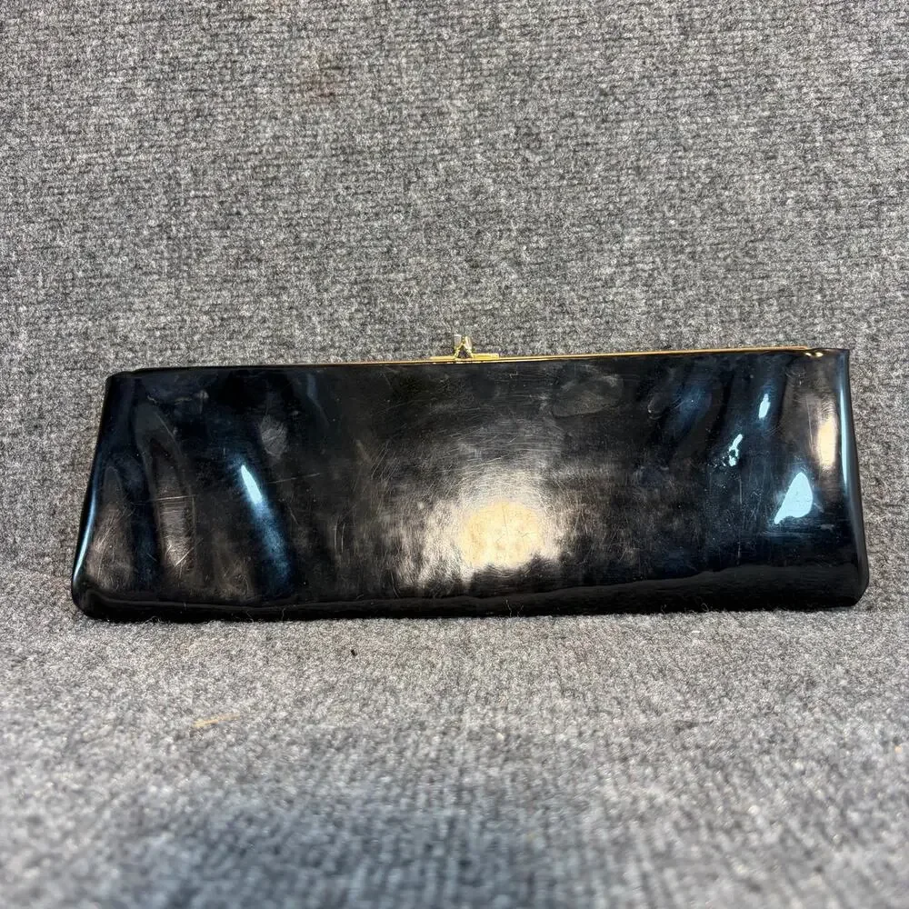 Vintage HL USA Black Patent Leather Clutch Purse Rainbow Striped Lining Kisslock
